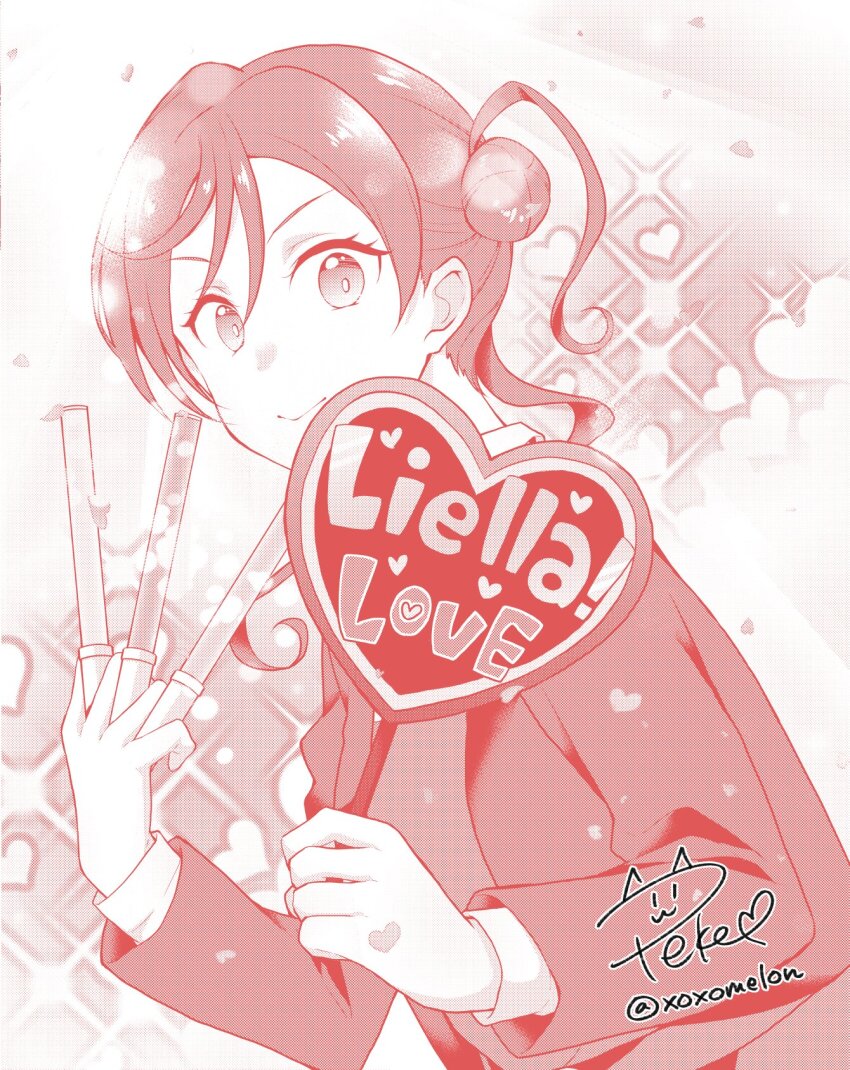 1girl closed_mouth commentary glowstick hair_between_eyes hair_bun hand_fan heart highres holding holding_fan holding_glowstick jacket long_sleeves looking_at_viewer love_live! love_live!_superstar!! monochrome open_clothes open_jacket peke_(xoxo_melon) penlight_(glowstick) red_theme school_uniform short_hair_with_long_locks signature single_side_bun smile solo twitter_username upper_body v-shaped_eyebrows white_background winter_uniform yoneme_mei yuigaoka_school_uniform