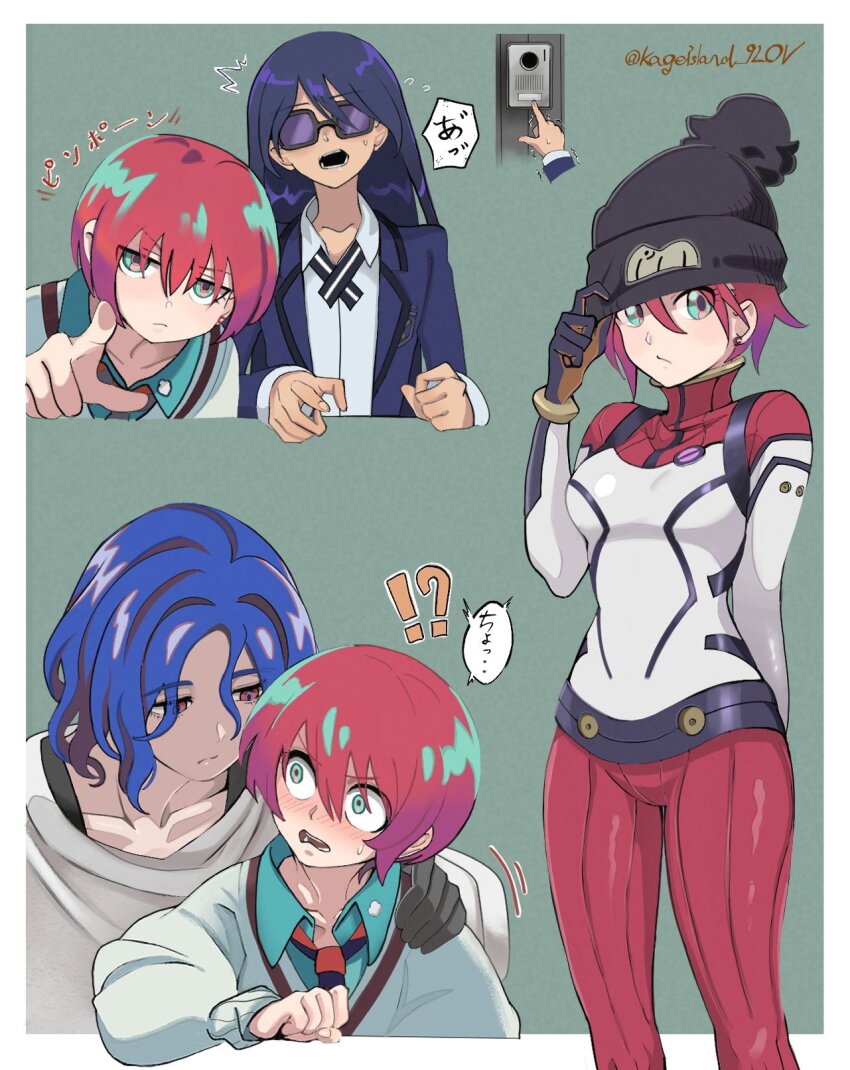 1boy 2girls amate_yuzuriha black_hair blue_hair blush bodysuit earrings gloves gundam gundam_gquuuuuux hat highres holding jacket jewelry kageisland_9lov long_hair long_sleeves looking_at_viewer mecha_pilot_suit multicolored_bodysuit multicolored_clothes multicolored_hair multiple_girls necktie normal_suit nyaan_(gundam_gquuuuuux) open_mouth purple_hair red_eyes red_hair school_uniform shirt short_hair shuji_ito sunglasses sweater tank_top