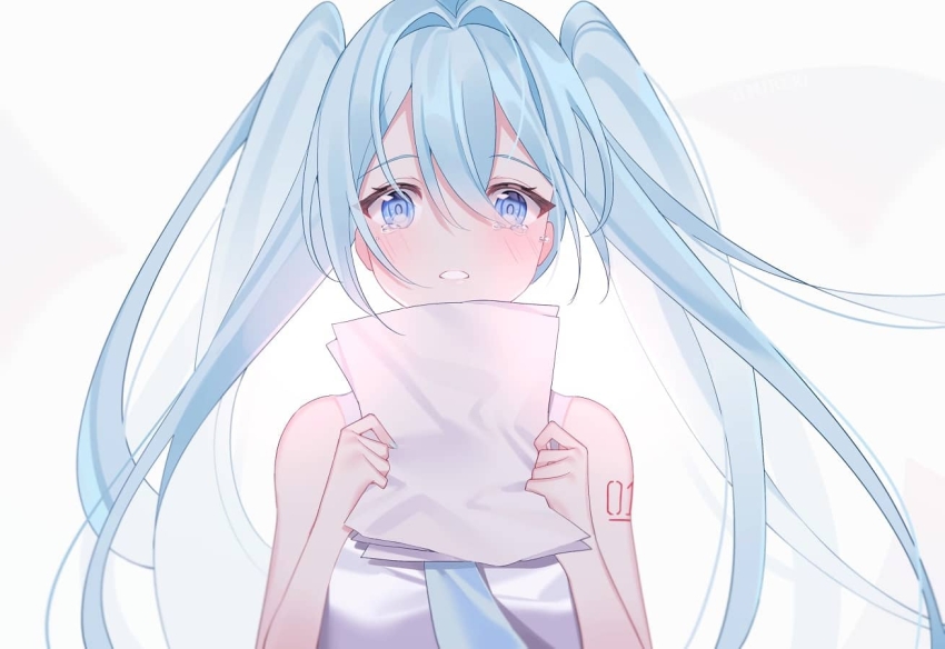 1girl aqua_eyes aqua_hair blush breasts commentary hair_between_eyes hands_up hatsune_miku holding holding_paper long_hair looking_at_viewer medium_breasts miku_day number_tattoo paper parted_lips shirt sidelocks sleeveless solo tattoo tearing_up twintails umireki vocaloid white_background white_nails white_shirt