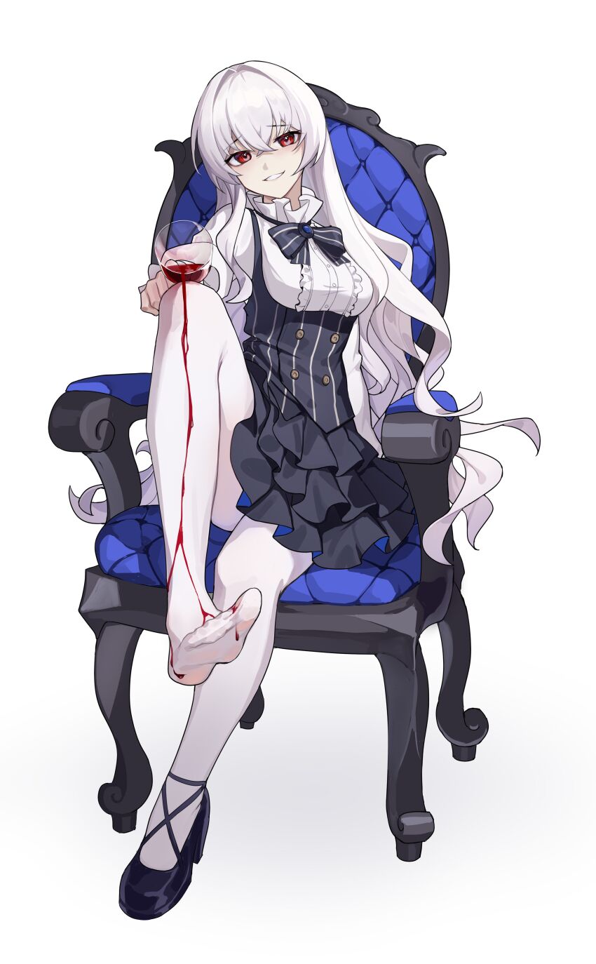 1girl absurdres alcohol allan_poe_(honkai_impact) black_bow black_bowtie black_dress bow bowtie breasts chair commission cup dress drinking_glass full_body grin highres holding holding_cup honkai_(series) honkai_impact_3rd kather long_sleeves looking_at_viewer medium_breasts pantyhose pinafore_dress puffy_long_sleeves puffy_sleeves red_eyes second-party_source shirt shoes simple_background single_shoe sitting sleeveless sleeveless_dress smile soles solo wavy_hair white_background white_hair white_pantyhose white_shirt wine wine_glass