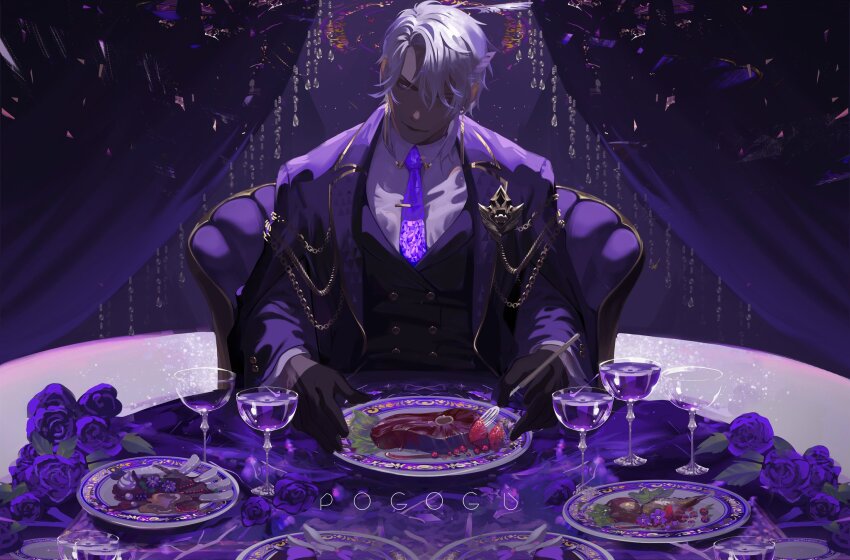 1boy arms_on_table artist_name black_gloves chain chair closed_mouth collared_shirt commentary curtains dark-skinned_male dark_skin dress_shirt drink ear_piercing earrings flower food food_request fork formal_clothes glass gloves gold_chain hair_over_one_eye hashtag-only_commentary highres holding holding_fork honkai:_star_rail honkai_(series) jacket jewelry long_sleeves looking_at_viewer male_focus meat necklace necktie on_chair one_eye_covered ornate_clothes pale_eye piercing plate pogogu purple_flower purple_necktie purple_rose purple_suit purple_theme purple_vest rose shirt solo steak straight-on sugilite_(honkai:_star_rail) suit suit_jacket table tablecloth tie_clip upper_body vest white_hair white_shirt