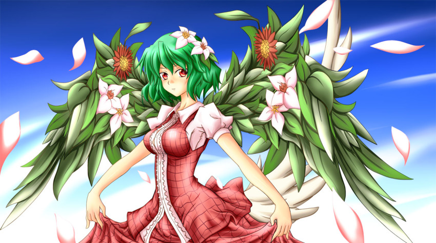 1girl curtsey elle_(lom) female_focus flower green_hair hair_flower hair_ornament impossible_clothes impossible_shirt kazami_yuuka kumapan leaf legend_of_mana petals plaid_clothes plaid_skirt plaid_vest red_eyes seiken_densetsu shirt skirt skirt_hold skirt_set solo touhou vest wings