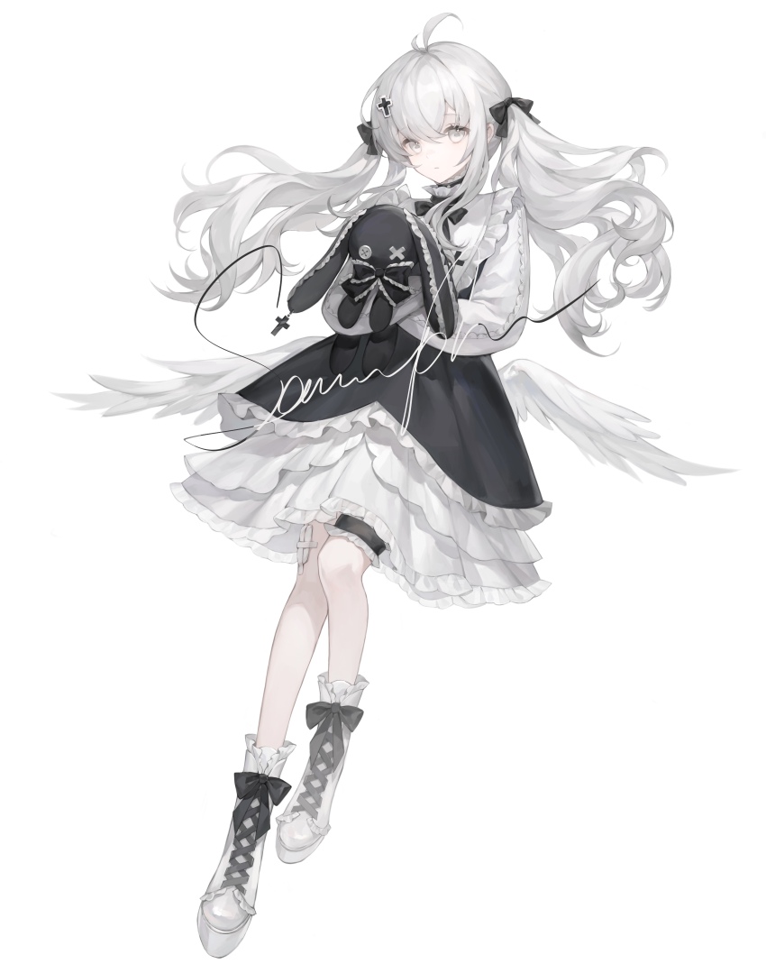 1girl absurdres black_bow bow bu_jie_cha commission cross-laced_footwear cross_hair_ornament dress full_body gauze gauze_on_leg grey_hair hair_bow hair_ornament highres holding holding_stuffed_toy layered_dress long_hair long_sleeves looking_at_viewer low_wings original sample_watermark simple_background solo stuffed_toy twintails watermark white_background white_eyes white_footwear wings