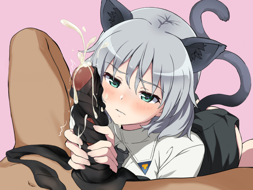 1boy 1girl animal_ears black_pantyhose blush cat_ears cat_tail censored cum cum_in_clothes cum_on_body cum_on_hair ejaculation erection facial handjob hetero military pantyhose penis penis_on_face sanya_v._litvyak shiny_skin short_hair silver_hair socks solo_focus strike_witches tail tobiume_sayu uniform unworn_pantyhose world_witches_series