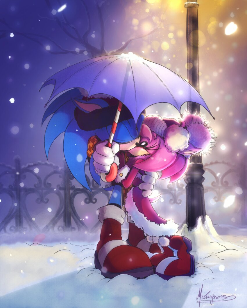 1boy 1girl absurdres amy_rose artist_name blue_fur blue_umbrella checkered_clothes checkered_scarf closed_eyes commentary english_commentary fence gloves hat hetero highres holding holding_umbrella iron_fence kiss lamppost misstangshan95 orange_scarf pink_fur pom_pom_(clothes) red_footwear santa_costume santa_hat scarf shoes snow snowing sonic_(series) sonic_the_hedgehog standing torso_grab umbrella white_gloves