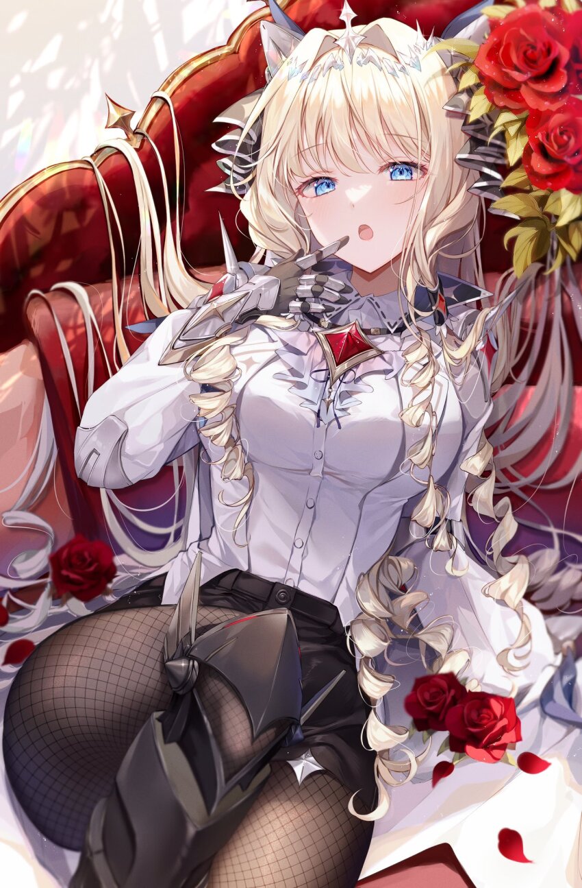 1girl black_shorts blonde_hair blue_eyes couch crown crown_(nikke) denim denim_shorts drill_hair fishnet_pantyhose fishnets flower gauntlets goddess_of_victory:_nikke hair_ornament highres long_sleeves pantyhose red_flower red_rose rose shirt shorts solo taya_oco white_shirt