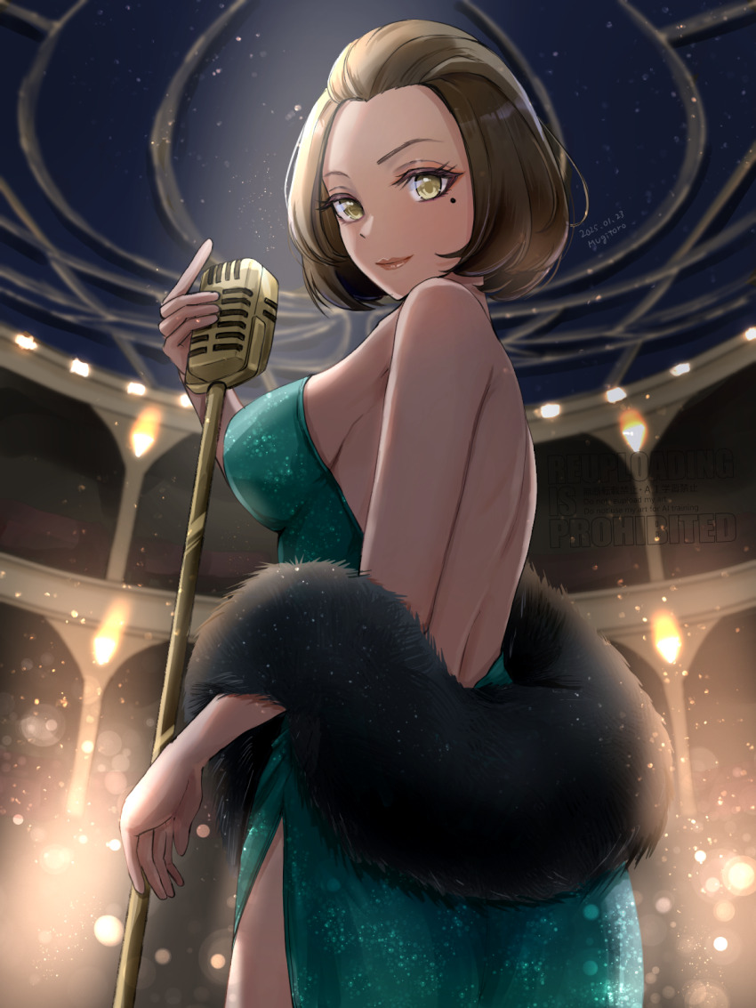 1girl backless_dress backless_outfit breasts dress fire_emblem fire_emblem:_three_houses green_dress large_breasts manuela_casagranda microphone_stand mole mole_under_eye mugitoro_(dsfv2277) nintendo side_slit sideboob solo