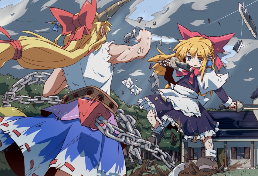 3girls alice_margatroid apron battle belt blue_dress blue_skin bow broken broken_sword broken_weapon capelet chain cloud colored_skin crack cuffs doll_joints dress dual_wielding fighting giant giantess goliath_doll hair_bow highres hihachi holding horn_ornament horn_ribbon horns house ibuki_suika joints long_hair low-tied_long_hair multiple_girls punching purple_dress ribbon shackles shirt skirt sleeveless sleeveless_shirt sliding sword touhou waist_apron weapon weights