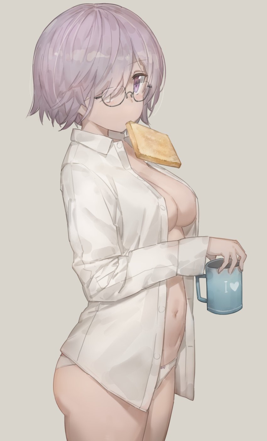 1girl absurdres beige_background bow bow_panties bread bread_slice breasts collared_shirt cowboy_shot cup dress_shirt fate/grand_order fate_(series) female_focus food food_in_mouth free_style_(yohan1754) from_side glasses hair_over_one_eye heart highres holding holding_cup long_sleeves looking_at_viewer mash_kyrielight medium_breasts mouth_hold mug navel no_bra no_pants one_eye_covered open_clothes open_shirt panties purple_bow purple_eyes purple_hair semi-rimless_eyewear shirt short_hair solo toast toast_in_mouth under-rim_eyewear underwear white_panties white_shirt