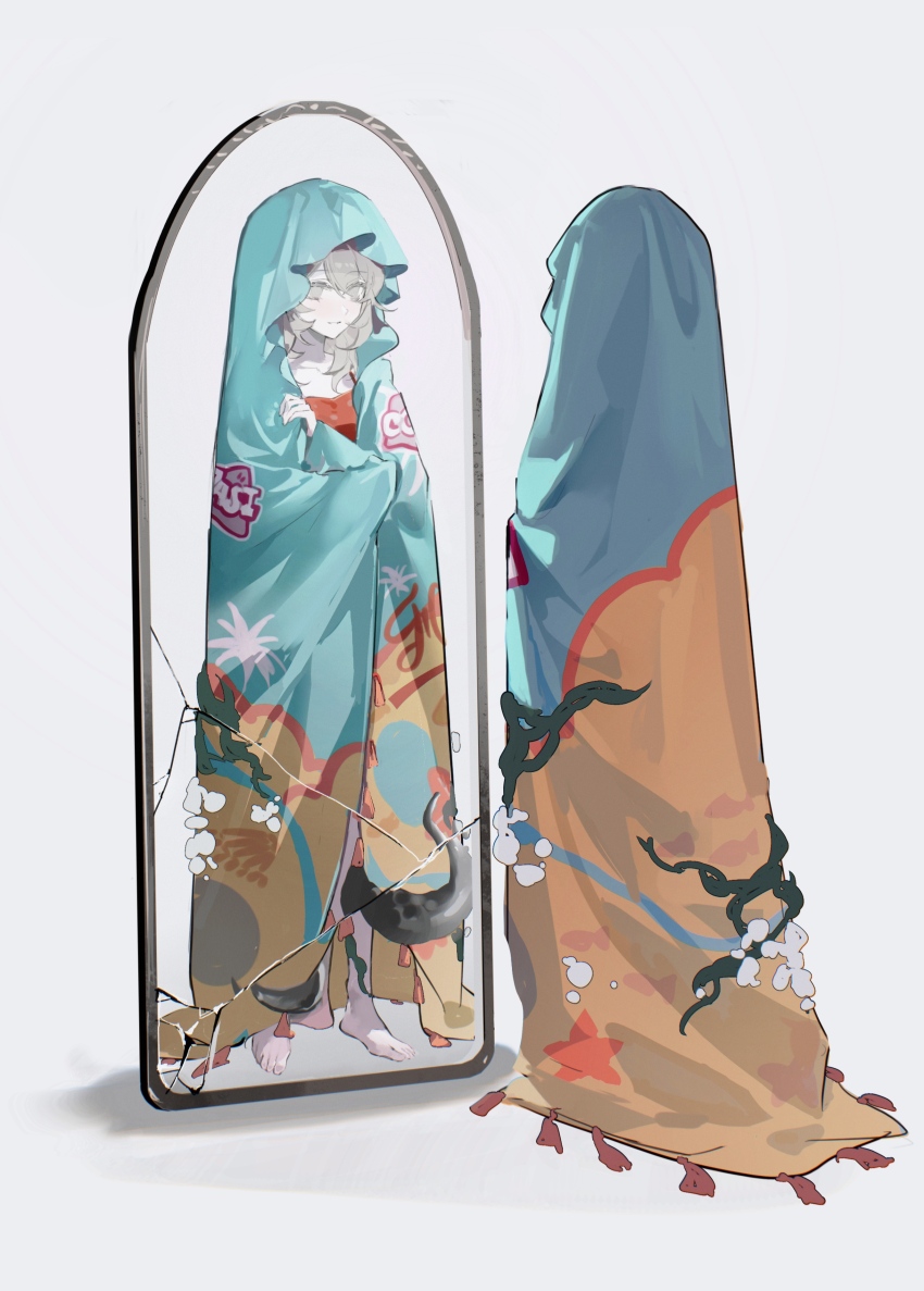 1girl absurdres barefoot broken_mirror crossed_arms dongfang_ghost full_body grey_hair highres medium_hair mirror official_alternate_costume poltergeist_(reverse:1999) reverse:1999 seaweed sheet_ghost solo standing tentacles white_background