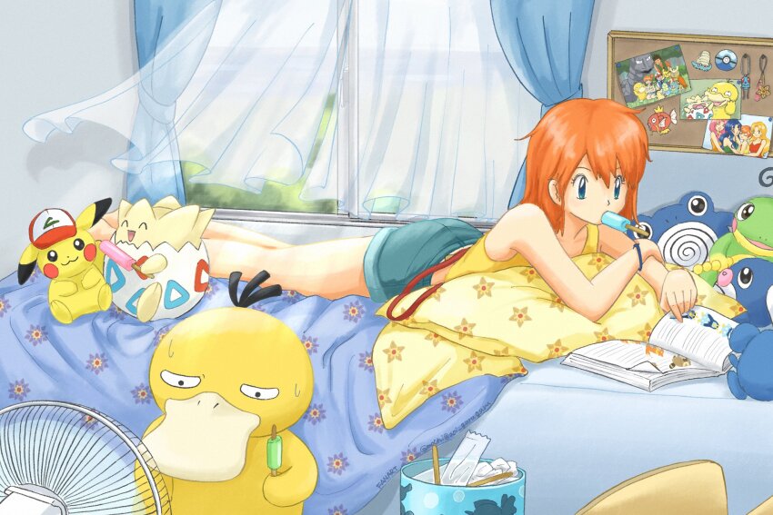 1girl ash_ketchum asymmetrical_hair bare_arms bare_shoulders baseball_cap bed bed_sheet bedroom blonde_hair blue_eyes book brock_(pokemon) calendar_(object) cameo character_doll chikorita clock creatures_(company) curtains cyndaquil daisy_(pokemon) denim denim_shorts eating electric_fan food food_in_mouth game_freak gen_1_pokemon gen_2_pokemon hair_down hand_fan hat highres holding holding_food ice_cream indoors lily_(pokemon) long_hair lying magikarp manga_(object) misty_(pokemon) mouth_hold nintendo objectification omanyte omochi_(aoi_guruguru) on_bed on_stomach onix orange_hair pikachu pillow pokemon pokemon_(anime) pokemon_(classic_anime) politoed poliwag poliwhirl ponytail popsicle psyduck reading sakura_(pokemon) shirt short_shorts shorts side_ponytail sitting smile star_(symbol) starmie staryu stuffed_animal stuffed_toy suspenders sweat tentacool tissue tissue_box togepi totodile violet_(pokemon) window yellow_shirt