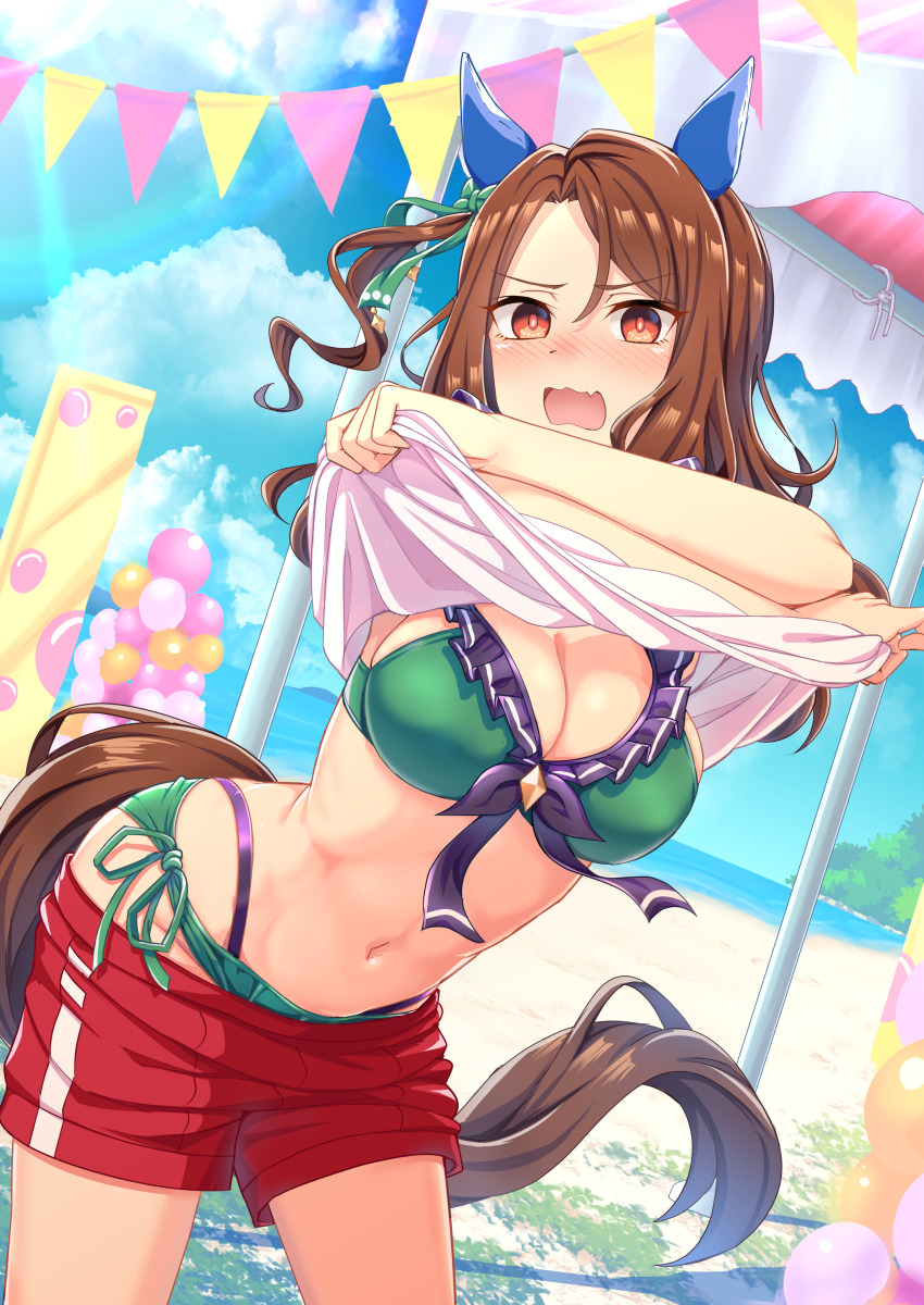 1girl absurdres animal_ears beach bikini blue_sky breasts brown_hair clothes_lift cloud commentary_request day ear_covers green_bikini highres horse_ears horse_girl horse_tail king_halo_(umamusume) lifting_own_clothes looking_at_viewer medium_breasts medium_hair navel ocean official_alternate_costume open_mouth outdoors red_eyes red_shorts shirt shirt_lift shorts side-tie_bikini_bottom sky solo standing swimsuit tail umamusume undressing white_shirt zenrakishi