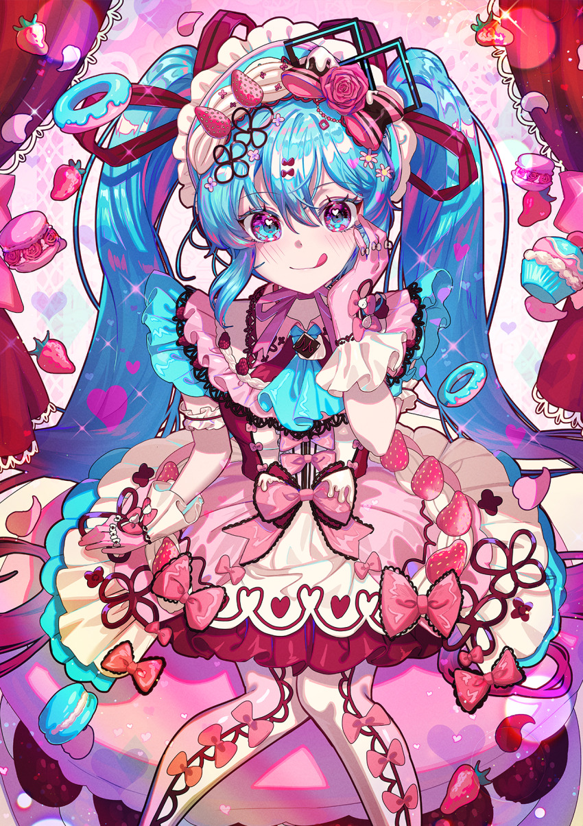 1girl aqua_hair blue_eyes blurry blush bokeh bow cake cupcake depth_of_field dessert dot_nose doughnut dress flower food frilled_dress frills fruit gloves hair_flower hair_ornament hand_on_own_face hatsune_miku heart heart_in_eye highres kozou_kazaru lolita_fashion long_hair looking_at_viewer macaron pantyhose petals pink_bow pink_dress pink_flower pink_gloves pink_theme sitting smile solo strawberry sweets symbol_in_eye tongue twintails very_long_hair vocaloid white_pantyhose