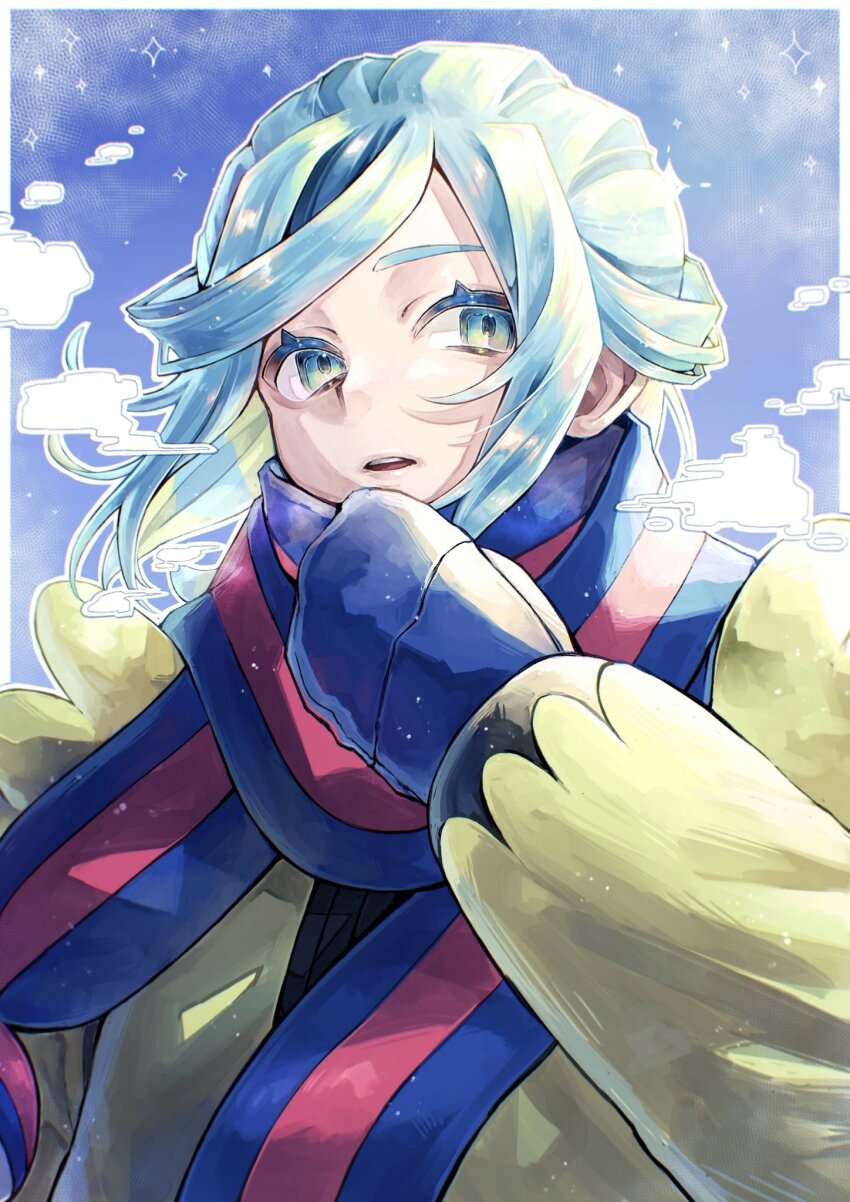 1boy blonde_hair blue_eyes blue_hair blue_mittens breath creatures_(company) game_freak grusha_(pokemon) highres hnai_0 jacket male_focus mittens multicolored_hair nintendo parted_lips pokemon pokemon_sv scarf sky solo sparkle trap two-tone_scarf upper_body yellow_jacket