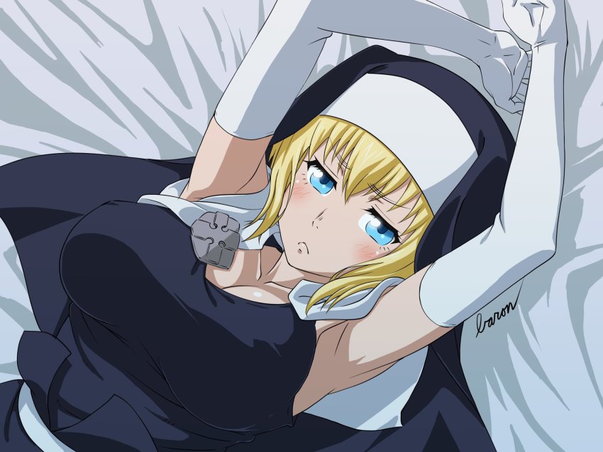 1girl armpits bed blonde_hair blue_eyes breasts cleavage collarbone elbow_gloves en&#039;en_no_shouboutai gloves highres iris_(enen_no_shouboutai) large_breasts looking_at_viewer lying nun on_back pout short_hair solo varon veil white_gloves