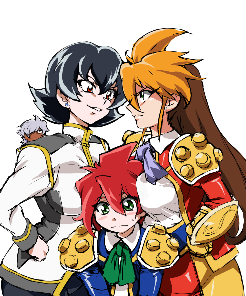 2boys 2girls bakuten_shoot_beyblade between_breasts beyblade blonde_hair blue_eyes blue_jacket breasts brown_hair commentary_request gloves hands_on_own_hips highres jacket julia_fernandez king_(beyblade) long_hair mamesi_(suhk8583) multicolored_hair multiple_boys multiple_girls queen_(beyblade) raul_fernandez_(beyblade) red_hair red_jacket shirt short_hair siblings simple_background white_background white_jacket