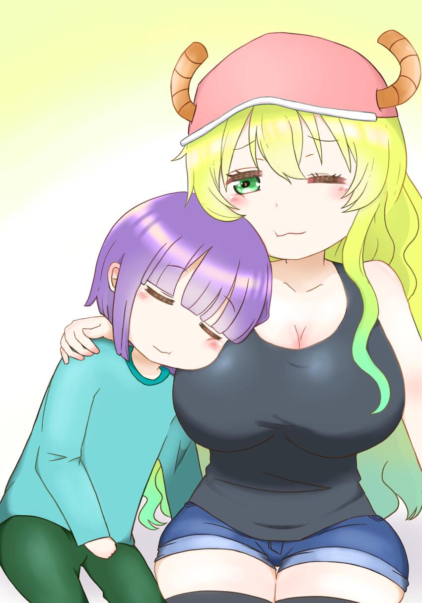 1boy 1girl absurdres age_difference baseball_cap blue_shirt blush breasts child closed_eyes green_eyes green_pants hat highres horns kobayashi-san_chi_no_maidragon large_breasts long_hair lucoa_(maidragon) magatsuchi_shouta multicolored_hair pants purple_hair shirt shorts sleeping smile thighhighs