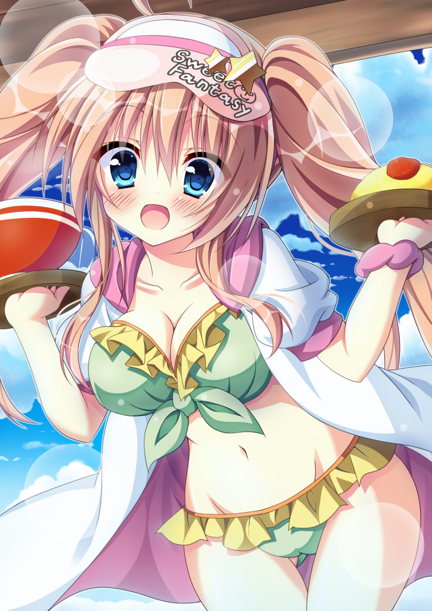 1girl bikini blue_eyes bowl breasts brown_hair cleavage female_focus highres jyon1008 large_breasts long_hair moe2016 original solo swimsuit tray twintails visor_cap waitress