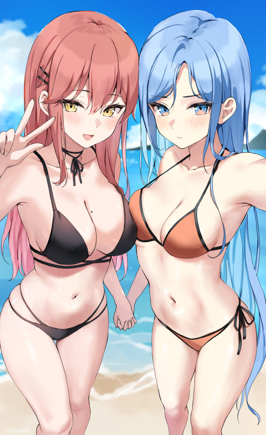 2girls bae_minah_(chaesu) bare_shoulders beach bikini black_bikini blue_eyes blue_hair blush borrowed_character breasts cleavage collarbone highres holding_hands kaetzchen large_breasts liliya_(kaetzchen) long_hair looking_at_viewer medium_breasts multiple_girls navel open_mouth orange_bikini original pink_hair shore smile swimsuit thighs yellow_eyes