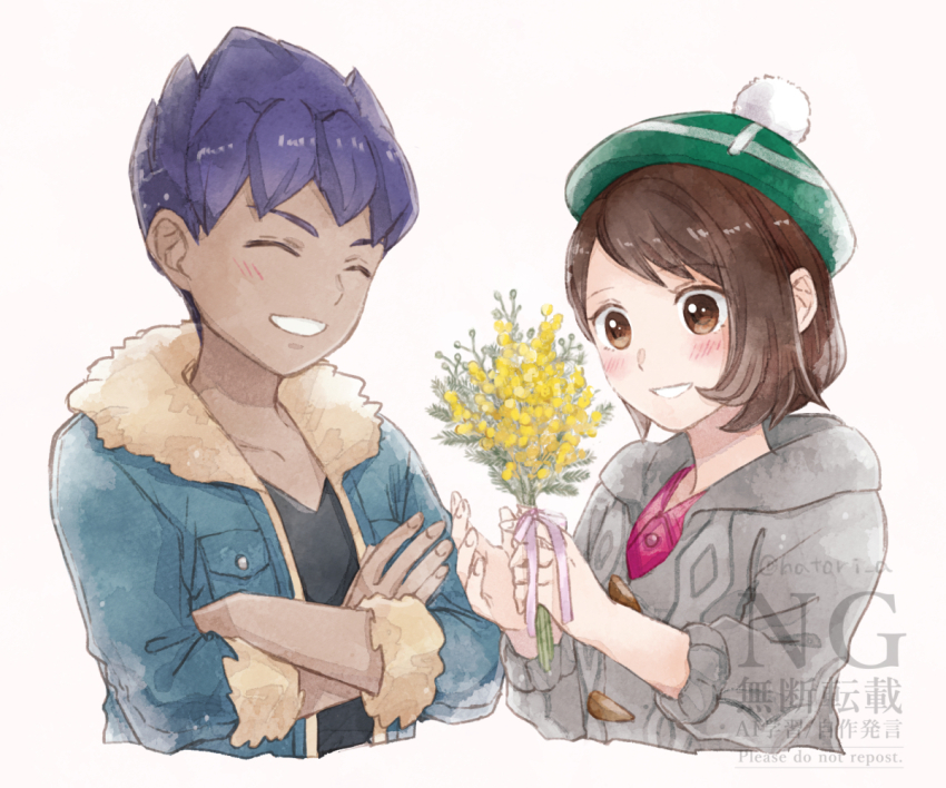 1boy 1girl black_shirt blush brown_eyes brown_hair cardigan closed_eyes collared_dress commentary_request creatures_(company) crossed_arms dress flower fur-trimmed_jacket fur_trim game_freak gloria_(pokemon) green_hat grey_cardigan grin happy hat hatori_a hood hooded_cardigan hop_(pokemon) jacket light_blush nintendo open_clothes open_jacket pink_dress pokemon pokemon_swsh shirt short_hair simple_background smile tam_o&#039;_shanter teeth three-quarter_sleeves watermark white_background yellow_flower