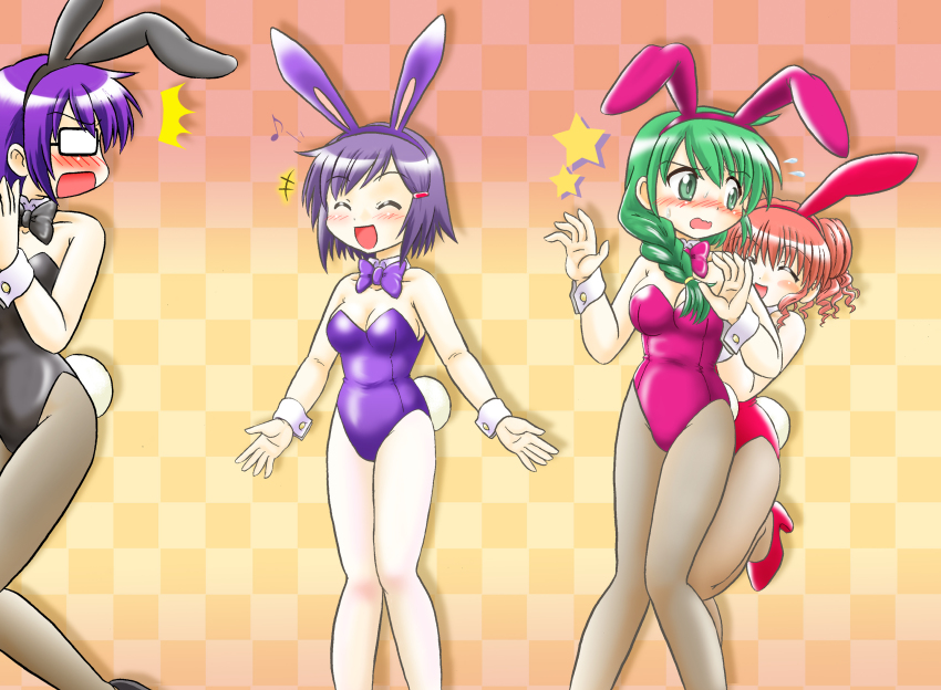 4girls animal_ears braid chika_(hidamari_sketch) closed_eyes double_bun fake_animal_ears glasses green_eyes green_hair hair_bun hair_over_shoulder hidamari_sketch highres hiro_(hidamari_sketch) hoshikawa_tsukimi leotard long_hair multiple_girls natsume_(hidamari_sketch) pantyhose playboy_bunny purple_hair rabbit_ears red_hair sae_(hidamari_sketch) short_hair single_braid