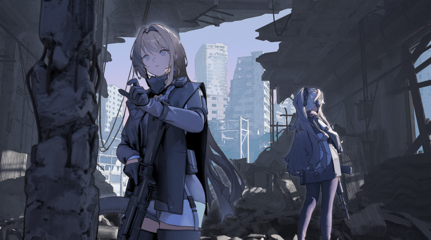 2girls absurdres agony_leer ak-12 ak-12_(girls&#039;_frontline) an-94 an-94_(girls&#039;_frontline) assault_rifle black_gloves black_hairband black_pants blonde_hair blue_eyes blue_sky commentary ear_protection english_commentary girls&#039;_frontline gloves grey_hair gun hairband highres holding holding_gun holding_weapon kalashnikov_rifle long_hair multiple_girls pants parted_lips ponytail rifle ruins sky standing tactical_clothes trigger_discipline weapon