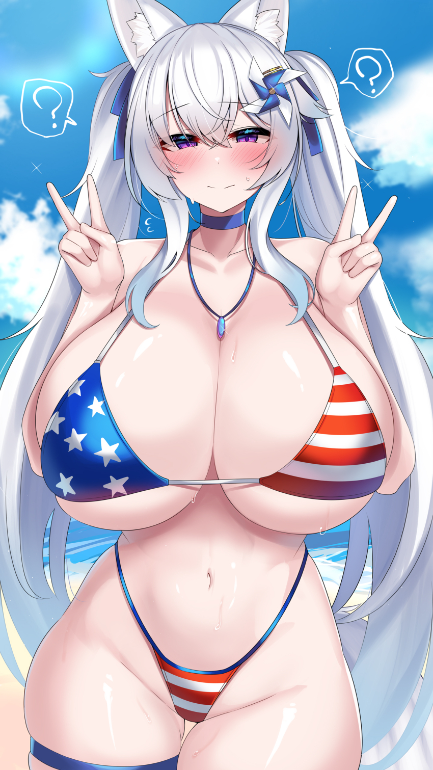 1girl ? absurdres american_flag american_flag_bikini american_flag_print animal_ears bare_shoulders bikini blush breasts double_v flag_print fox_ears fox_tail hair_ornament highleg highleg_bikini highres huge_breasts kutan long_hair looking_at_viewer mizuki_(kutan) navel original pinwheel_hair_ornament print_bikini print_swimsuit purple_eyes smile solo spoken_question_mark string_bikini swimsuit tail thigh_strap twintails v white_hair