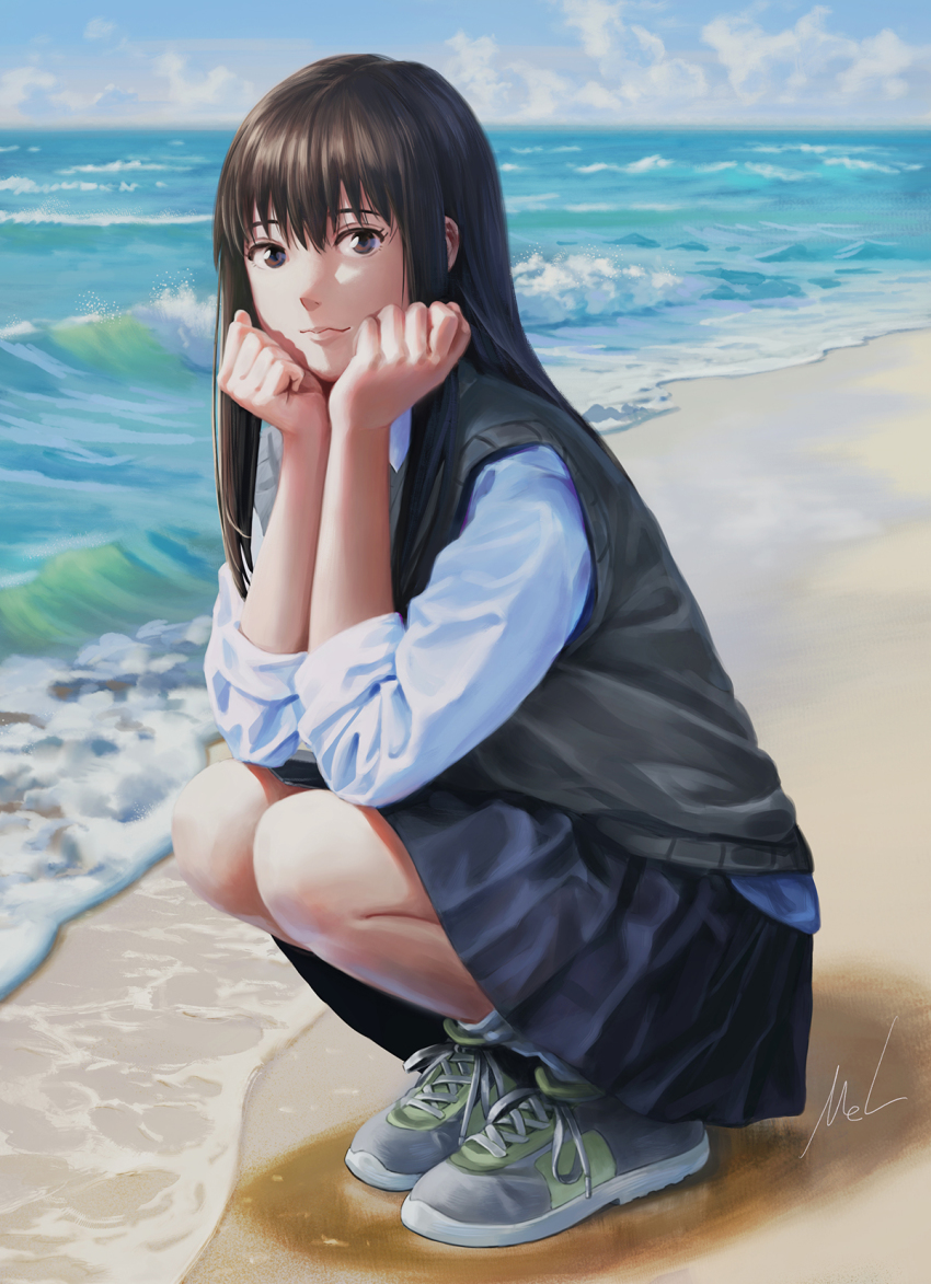 1girl beach black_hair black_skirt clenched_hands commentary day elbows_on_knees english_commentary full_body grey_sweater_vest highres long_hair mac_naut mizuho_(sonny_boy) ocean outdoors sand scenery school_uniform shoes skirt sneakers solo sonny_boy squatting summer sweater_vest water waves