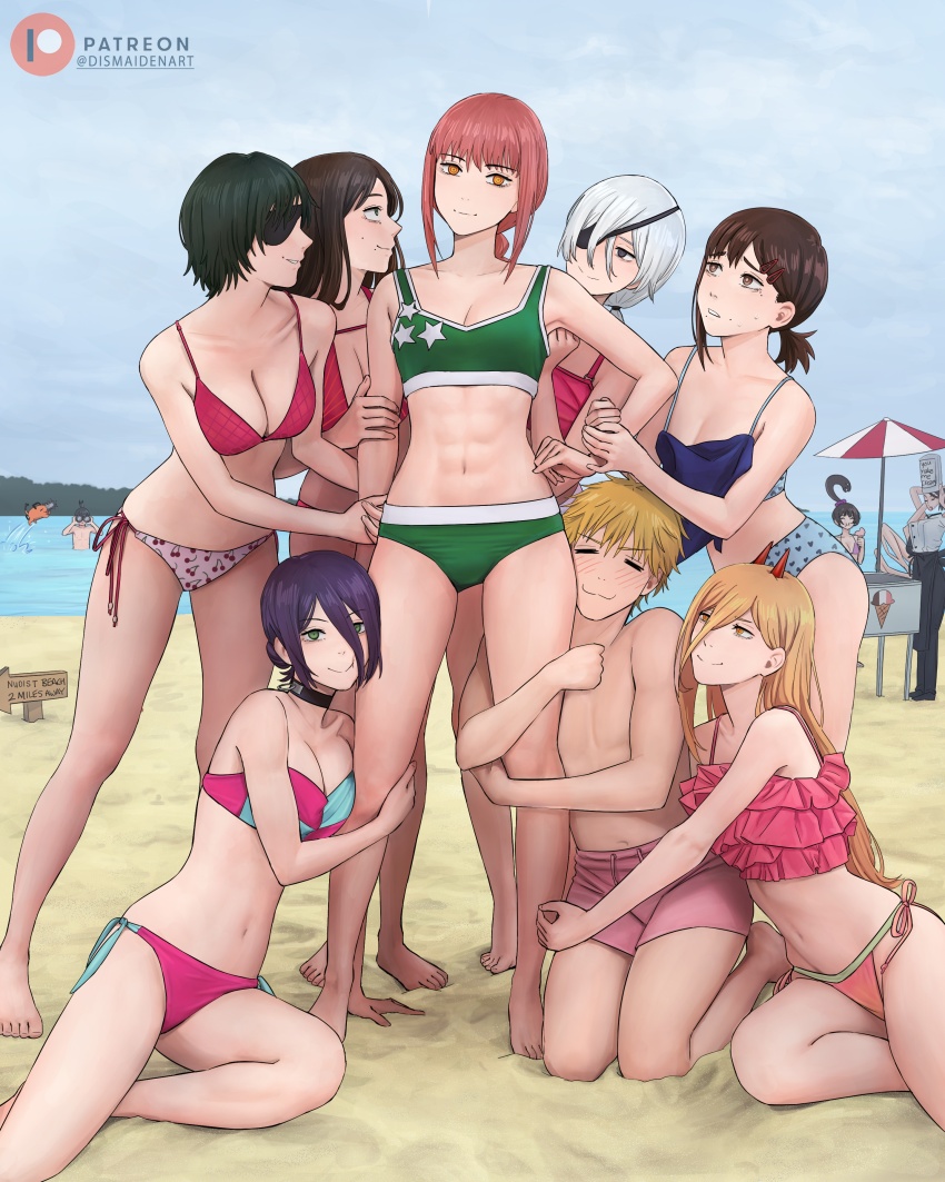 2boys 6+girls :3 =_= abs absurdres apron arm_grab artist_name beach beach_umbrella bikini binoculars black_apron black_choker black_hair black_pants blonde_hair blue_bikini braid breasts brown_eyes brown_hair chainsaw chainsaw_man chef_hat cherry_print choker cleavage creature cross-shaped_pupils day demon_girl demon_horns denji_(chainsaw_man) dismaiden eating eyepatch falling_devil_(chainsaw_man) food food_print food_stand green_bikini grenade_pin grey_eyes hair_ornament hairclip harem hat hayakawa_aki higashiyama_kobeni highres himeno_(chainsaw_man) holding holding_food holding_ice_cream horns ice_cream kneeling large_breasts leg_grab light_blush long_hair makima_(chainsaw_man) male_swimwear medium_breasts meme mixed_harem mole mole_under_eye mole_under_mouth multiple_boys multiple_girls navel ocean orange_eyes outdoors overcast pants patreon_logo patreon_username photo-referenced pimp pingtsi_(chainsaw_man) pink_bikini pochita_(chainsaw_man) power_(chainsaw_man) quanxi_(chainsaw_man) red_hair red_horns reze_(chainsaw_man) ringed_eyes sand santa_claus_(chainsaw_man) short_hair short_ponytail side-tie_bikini_bottom sidelocks single_braid sky standing star_(symbol) star_print sweat swim_trunks swimsuit symbol-shaped_pupils toned_female two-tone_bikini umbrella waist_apron white_hair