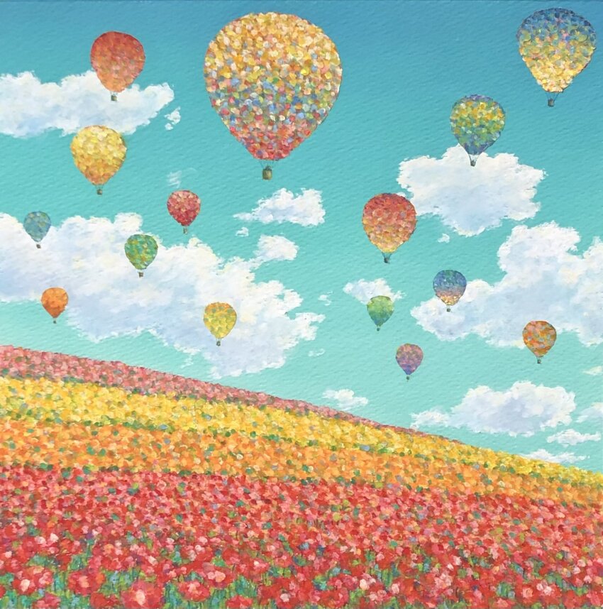 aircraft blue_sky cloud cloudy_sky day field flower flower_field highres hill hot_air_balloon keitatsujia no_humans orange_flower original painting_(medium) pink_flower plant red_flower sky traditional_media yellow_flower