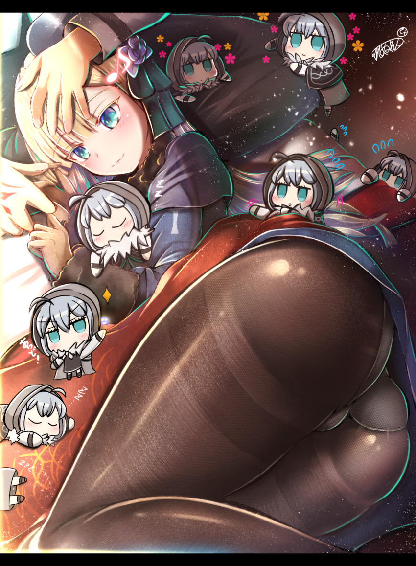 1boy 2girls aqua_eyes ass beret black_headwear blonde_hair blue_dress blue_jacket blue_scarf blush breasts brown_gloves brown_legwear chibi command_spell cropped_jacket dress fate/grand_order fate_(series) flower fujimaru_ritsuka_(male) fur_collar gloves gray_(fate) grey_flower grey_rose hat highres jacket long_hair long_sleeves lord_el-melloi_ii_case_files lying multiple_girls muni_nuren on_side panties panties_under_pantyhose pantyhose reines_el-melloi_archisorte rose scarf sidelocks small_breasts smile solo_focus thighband_pantyhose thighs tilted_headwear underwear