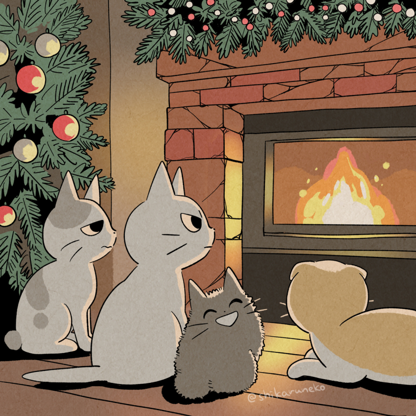 animal_focus cat christmas_ornaments commentary_request fire fireplace highres indoors mojacookie multiple_cats no_humans shikaru_neko sitting smile wavy_mouth white_cat