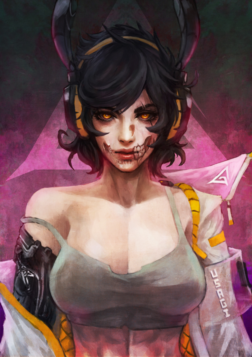 1girl abs absurdres animal_ears black_hair borrowed_character breasts cleavage crop_top cyborg damaged exposed_muscle fake_animal_ears headphones highres large_breasts lips looking_at_viewer mechanical_arms mechabare midriff monori_rogue no_bra off-shoulder_jacket off_shoulder orange_eyes original prosthesis prosthetic_arm rabbit_(andyface) rabbit_ears scar scar_across_eye scar_on_face short_hair solo strap_slip tank_top toned upper_body wireless