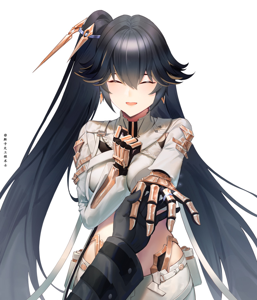 1boy 1girl absurdres black_gloves black_hair closed_eyes commandant_(pgr) gloves hair_ornament highleg highleg_panties highres holding_hands jacket leggings long_hair long_sleeves lucia:_pyroath_(pgr) lucia_(pgr) mechanical_arms mechanical_hands midriff open_mouth panties punishing:_gray_raven skaven_gongcheng_shushi twintails underwear very_long_hair white_background white_jacket white_leggings