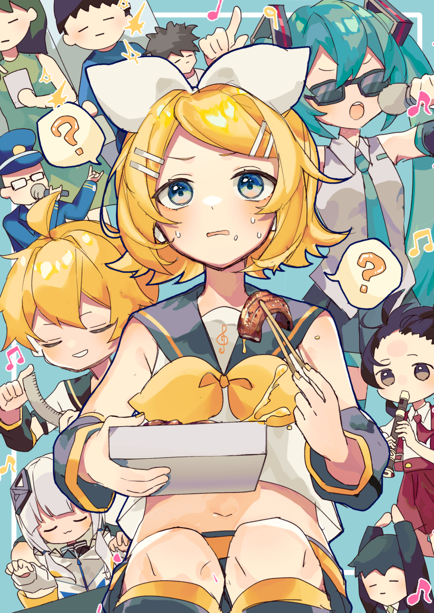 5boys 5girls aqua_hair bare_shoulders black_hair blonde_hair blue_eyes blue_hair blunt_bangs blush bow brown_eyes cevio chopsticks closed_eyes confused detached_sleeves diamond_hair_ornament flute food_request hair_between_eyes hair_bow hair_ornament hairclip hatsune_miku highres holding holding_bento holding_chopsticks hood hood_down hooded_jacket instrument jacket kaai_yuki kafu_(cevio) kagamine_len kagamine_rin kyoufuu_all_back_(vocaloid) long_hair long_sleeves low_twintails midriff_peek multiple_boys multiple_girls music musical_note necktie open_mouth playing_instrument recorder ribbon sazanami_(ripple1996) shinkansen_de_hitasura_seki_kerareru_rin-chan_(vocaloid) shirt short_hair short_sleeves singing sitting skirt smile sunglasses suspender_skirt suspenders sweatdrop train_conductor twintails very_long_hair vocaloid white_hair white_jacket white_shirt