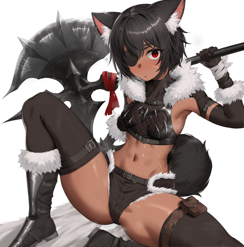 1girl absurdres animal_ear_fluff animal_ears axe belt black_belt black_footwear black_gloves black_hair black_shorts black_thighhighs boots breasts dark-skinned_female dark_skin eyepatch fur-trimmed_shorts fur_trim gloves highres holding holding_weapon looking_at_viewer mathew_(srmmk_mce) medium_breasts midriff navel original red_eyes short_hair shorts simple_background sitting solo tail thighhighs weapon white_background