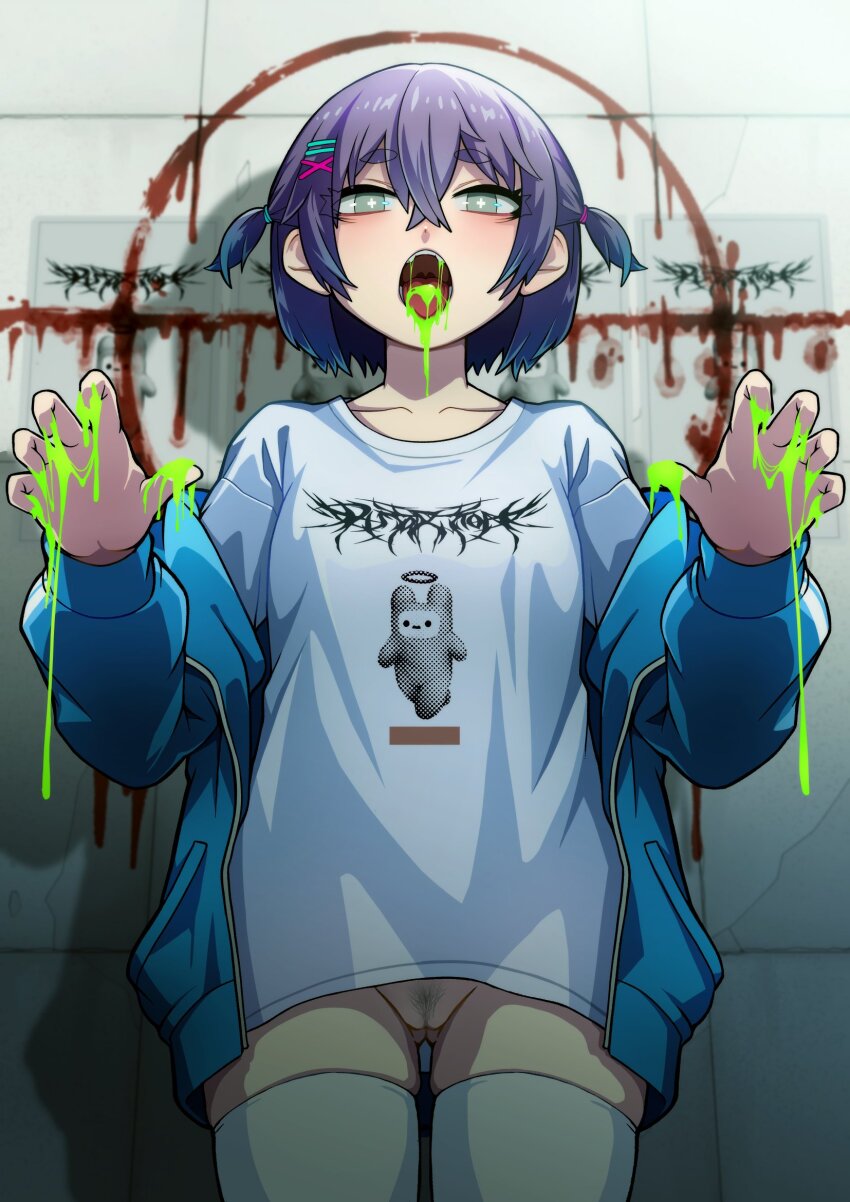 +_+ 1girl female_pubic_hair grey_eyes hair_ornament hairclip highres jacket liquid looking_at_viewer open_clothes open_jacket open_mouth original pubic_hair purple_hair pussy shibata_ico shirt short_hair solo teeth thighhighs two_side_up white_shirt white_thighhighs x_hair_ornament