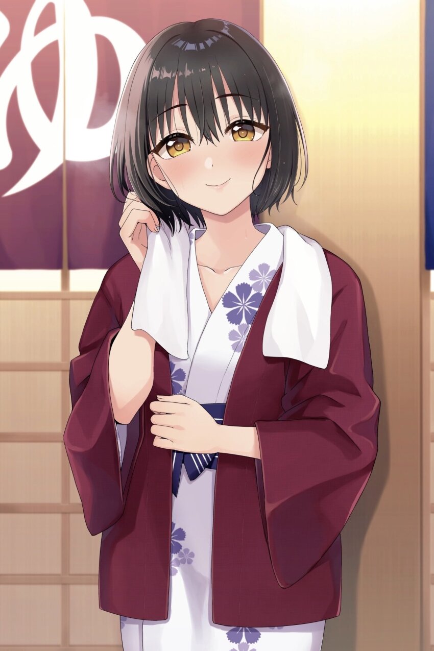 1girl after_bathing alternate_costume bath_yukata birthday black_hair blush clenched_hand closed_mouth collarbone commentary_request cowboy_shot fingernails floral_print floral_print_kimono hair_between_eyes hand_up hanten_(clothes) highres holding holding_towel idolmaster idolmaster_cinderella_girls indoors japanese_clothes kimono long_bangs looking_at_viewer onsen open_clothes red_kimono short_hair smile solo split_mouth standing straight-on straight_hair takafuji_kako tokita_arumi towel towel_around_neck white_kimono yellow_eyes yukata