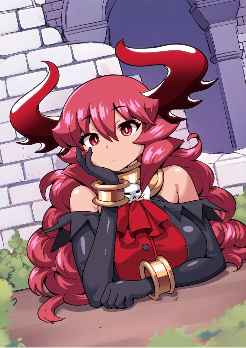 1girl ascot bare_shoulders bracelet breasts brick_wall bright_pupils building bush closed_mouth curly_hair demon_girl demon_horns gold gold_bracelet grass hair_between_eyes head_rest highres horns jewelry kankaku_shadan large_breasts long_hair maou_beluzel matsuda_yuusuke outdoors pink_hair red_eyes red_horns skull_brooch solo through_ground white_pupils yuusha_to_maou