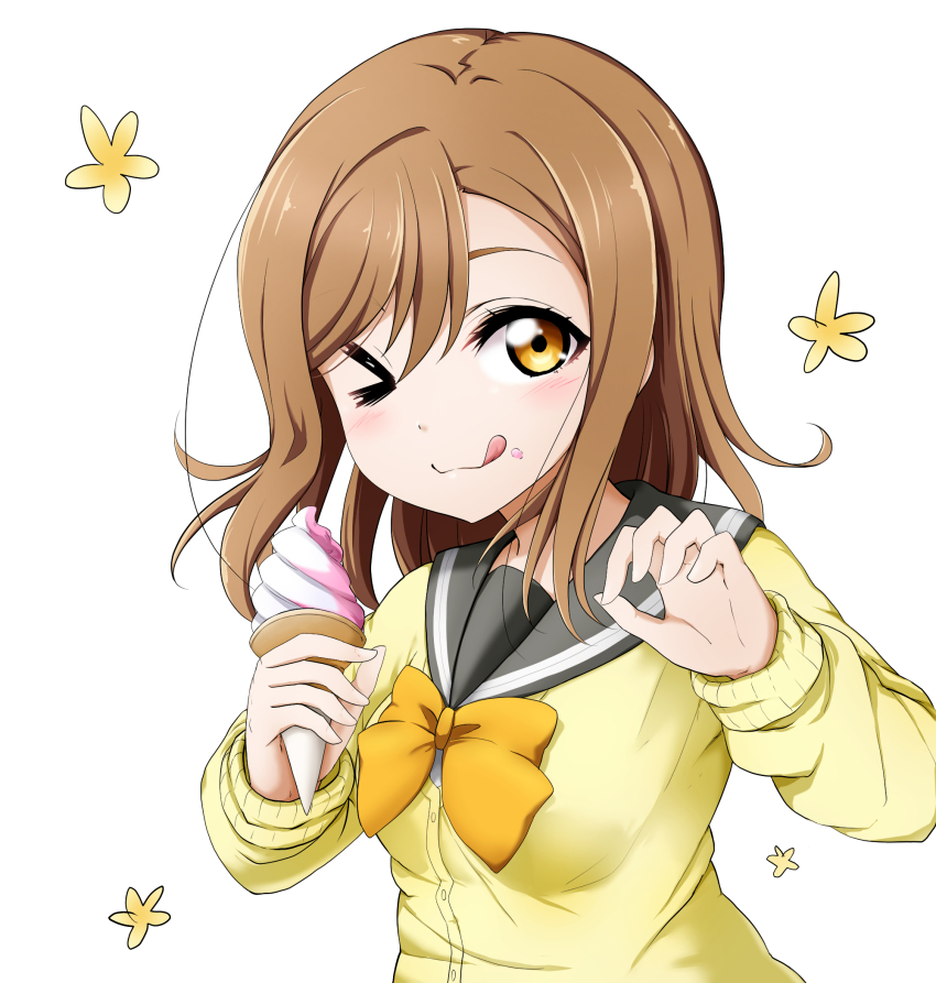 &gt;_o 1girl ;q black_sailor_collar blush bow breasts brown_eyes brown_hair cardigan closed_mouth eyebrows_hidden_by_hair food food_on_face hair_between_eyes highres holding holding_food ice_cream ice_cream_cone kuena kunikida_hanamaru long_hair long_sleeves looking_at_viewer love_live! one_eye_closed orange_bow sailor_collar school_uniform serafuku simple_background small_breasts smile soft_serve solo tongue tongue_out upper_body white_background yellow_cardigan