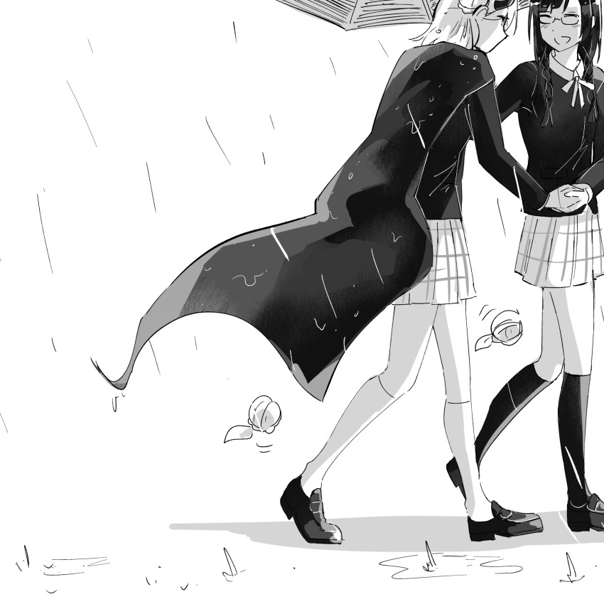 2girls blazer blunt_bangs braid braided_bun cape collared_shirt commentary demon_horns detached_hair dress_shirt english_commentary floating floating_object glasses greyscale hair_bun helping highres holding holding_hands holding_umbrella horns jacket kneehighs loafers long_hair long_sleeves looking_at_another love_live! love_live!_nijigasaki_high_school_idol_club low_twin_braids medium_hair miniskirt monochrome multiple_girls myonmukyuu nakagawa_nana neck_ribbon nijigasaki_school_uniform nijiyon no_mouth open_mouth plaid_clothes plaid_skirt pleated_skirt puddle rain ribbon school_uniform semi-rimless_eyewear shirt shoes single_side_bun skirt socks surprised swept_bangs twin_braids uehara_ayumu umbrella under-rim_eyewear walking wet winter_uniform yuki_setsuna yuki_setsuna_(love_live!)