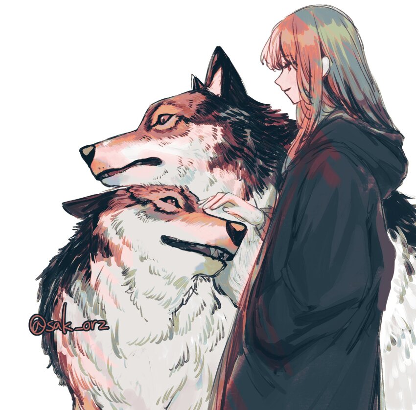 1girl black_fur black_hoodie blonde_hair hand_in_pocket highres hood hoodie long_hair original red_eyes sak_orz sharp_teeth simple_background smile snout standing teeth two-tone_fur white_background white_fur wolf