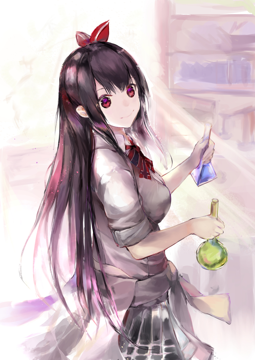 1girl absurdres azur_lane black_hair black_skirt bow breasts closed_mouth clothes_around_waist collared_shirt commentary flask hair_between_eyes hair_ribbon hanagin highres holding long_hair looking_at_viewer looking_to_the_side medium_breasts pleated_skirt red_bow red_eyes red_ribbon ribbon round-bottom_flask school_uniform shirt short_sleeves sidelocks skirt sleeves_rolled_up smile solo striped striped_bow u-73_(azur_lane) u-73_(science_rules!)_(azur_lane) very_long_hair white_shirt