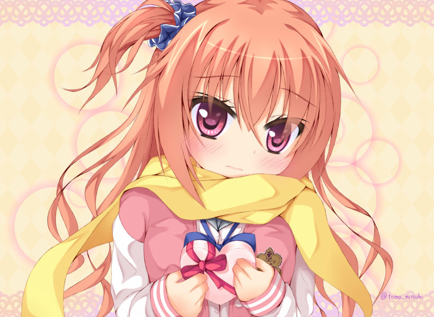 1girl blue_bow blue_scrunchie blush bow box closed_mouth commentary_request eyelashes eyes_visible_through_hair gift hair_between_eyes hair_ornament hair_scrunchie hands_up heart-shaped_box holding holding_gift inaba_meguru jacket letterman_jacket long_hair long_sleeves looking_at_viewer mo-tototo one_side_up orange_hair pink_jacket raised_eyebrows red_eyes sanoba_witch scarf school_uniform scrunchie shy simple_background sleeves_past_wrists solo twitter_username upper_body valentine wavy_hair yellow_scarf