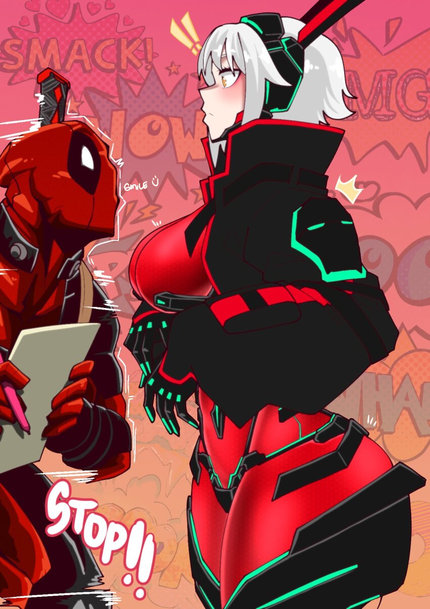 ! !! 1boy 1girl binsake6969 black_bodysuit black_jacket bodysuit breasts chin_guard closed_mouth deadpool deadpool_(series) grey_hair highres holding holding_paper holding_pen horns jacket large_breasts marvel mechanical_horns paper pen red_bodysuit red_mask short_hair superhero_costume sword two-tone_bodysuit virtual_youtuber vshojo weapon weapon_on_back yellow_eyes zentreya zentreya_(cyborg) zentreya_(cyborg)_(1st_costume)