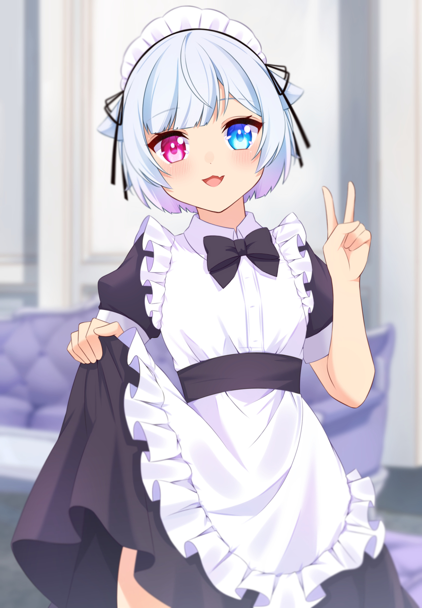 1girl absurdres amemiya_nazuna blue_eyes blue_hair heterochromia highres iyotsuki11 light_blue_hair looking_at_viewer maid open_mouth short_hair short_sleeves smile solo virtual_youtuber vshojo