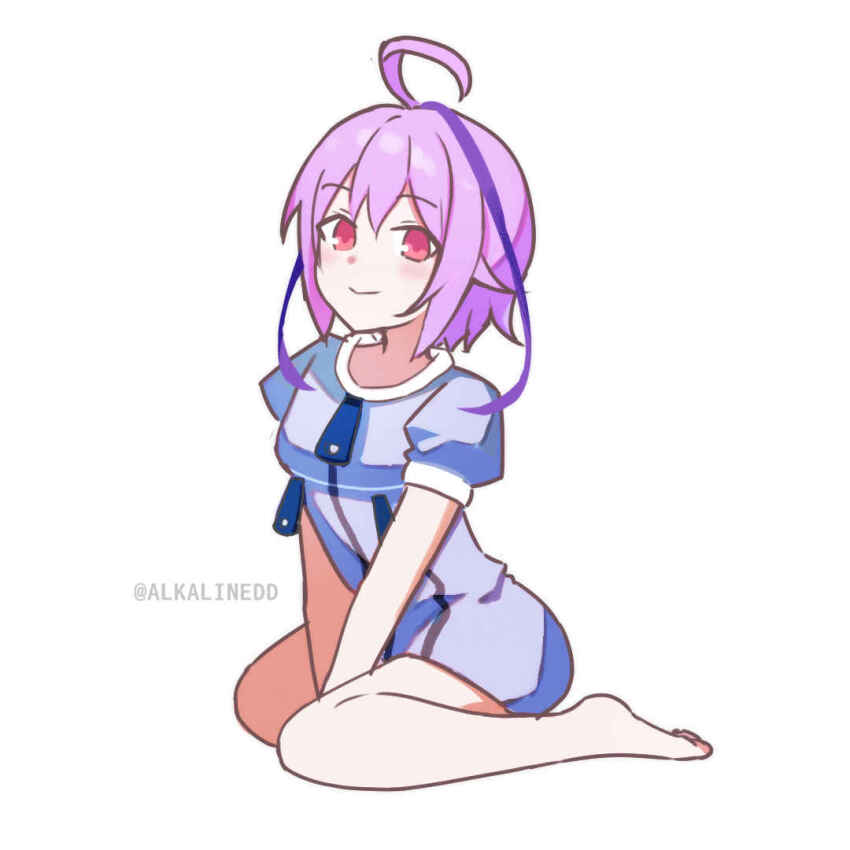 1girl alkalinedd antenna_hair azure_striker_gunvolt barefoot blue_dress blush collarbone dress joule_(gunvolt) kneeling looking_at_viewer purple_hair red_eyes simple_background sitting solo twitter_username white_background