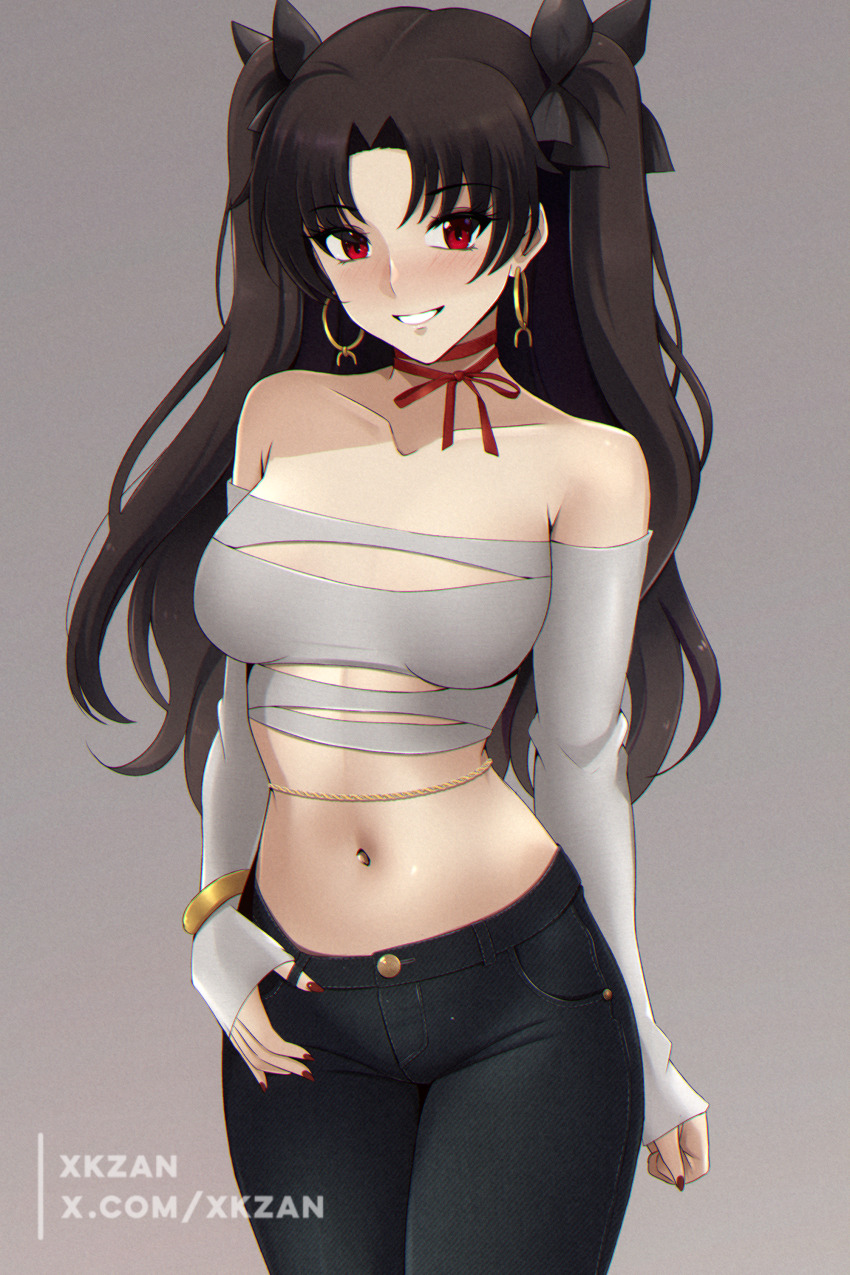 1girl absurdres bare_shoulders black_hair black_pants blush bracelet breasts collarbone earrings fate/grand_order fate_(series) grey_shirt grin hair_ribbon highres hoop_earrings ishtar_(fate) jewelry long_hair long_sleeves looking_at_viewer medium_breasts midriff navel neck_ribbon off_shoulder pants parted_bangs red_eyes ribbon shirt smile thighs two_side_up xkzan