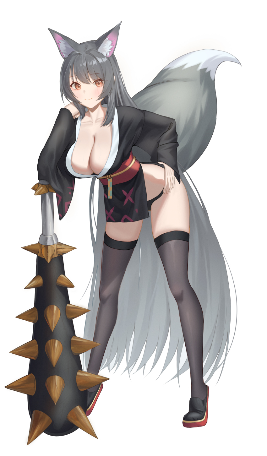 1girl absurdres animal_ear_fluff animal_ears black_footwear black_hair black_kimono black_panties black_thighhighs breasts brown_eyes cleavage closed_mouth club club_(weapon) collarbone dos_(ehgns007kr) extra_ears fox_ears fox_girl fox_tail full_body hand_on_own_cheek hand_on_own_face highres japanese_clothes kimono large_breasts leaning_forward long_hair long_sleeves looking_at_viewer original panties shoes simple_background smile solo spiked_club standing tail thighhighs underwear very_long_hair weapon white_background wide_sleeves