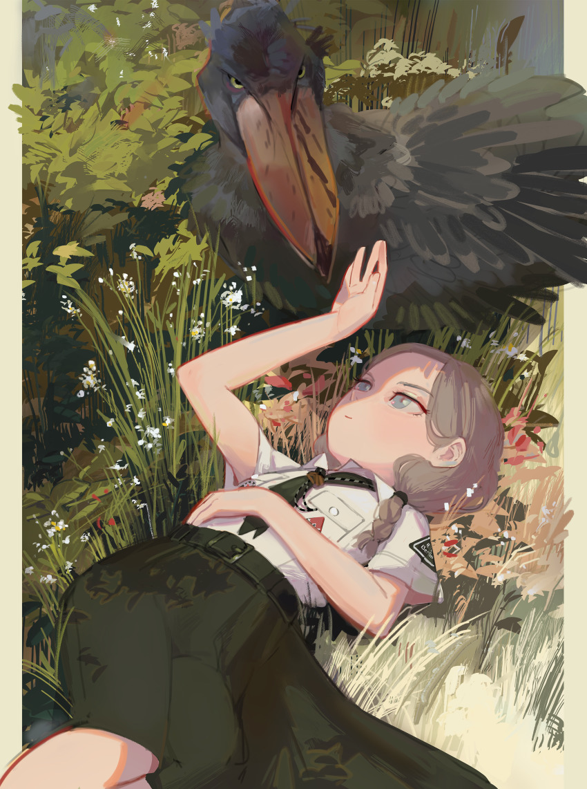 1girl absurdres belt bird blue_eyes braid closed_mouth grass green_belt green_necktie green_skirt grey_hair hand_up highres lying military military_uniform necktie on_back original polilla shirt shoebill short_sleeves skirt solo white_shirt